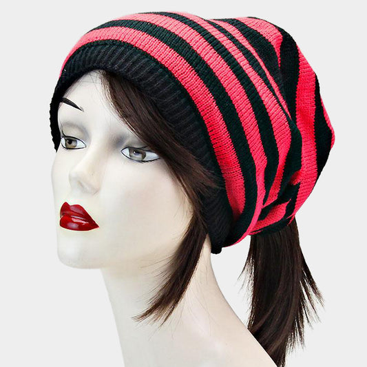 Striped Ponytail Beanie Hat - iBESTEST.com